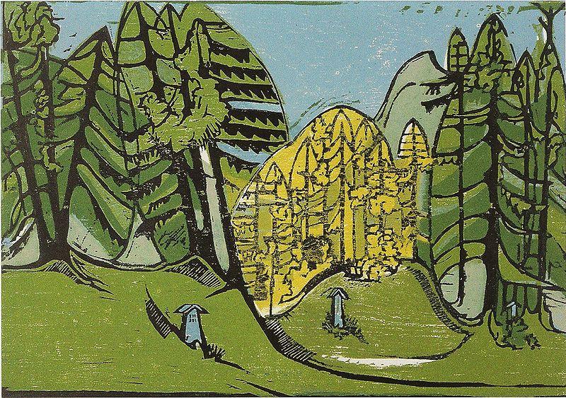 Ernst Ludwig Kirchner Forest-cemetery - Colour-wood-cut - 35 - 50 cm - Kirchner Museum Davos oil painting image